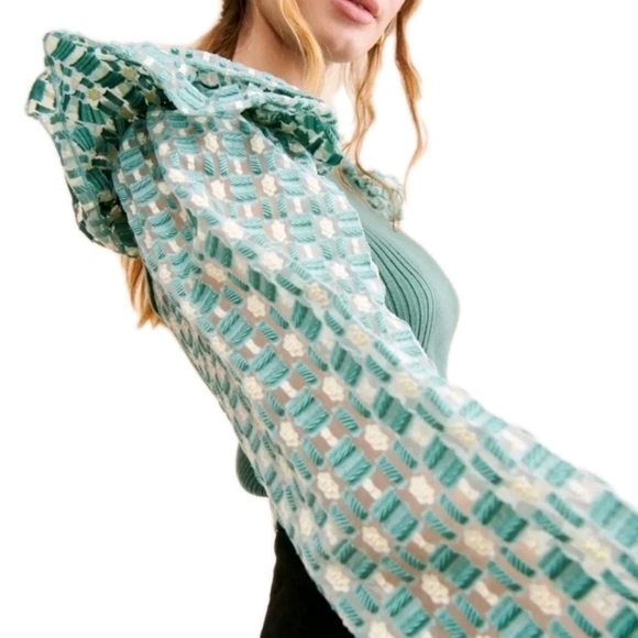 Anthropologie Mixed Media Pullover Textured Ruffle Sleeve  Detail Sweater Sz: M - Picture 4 of 8